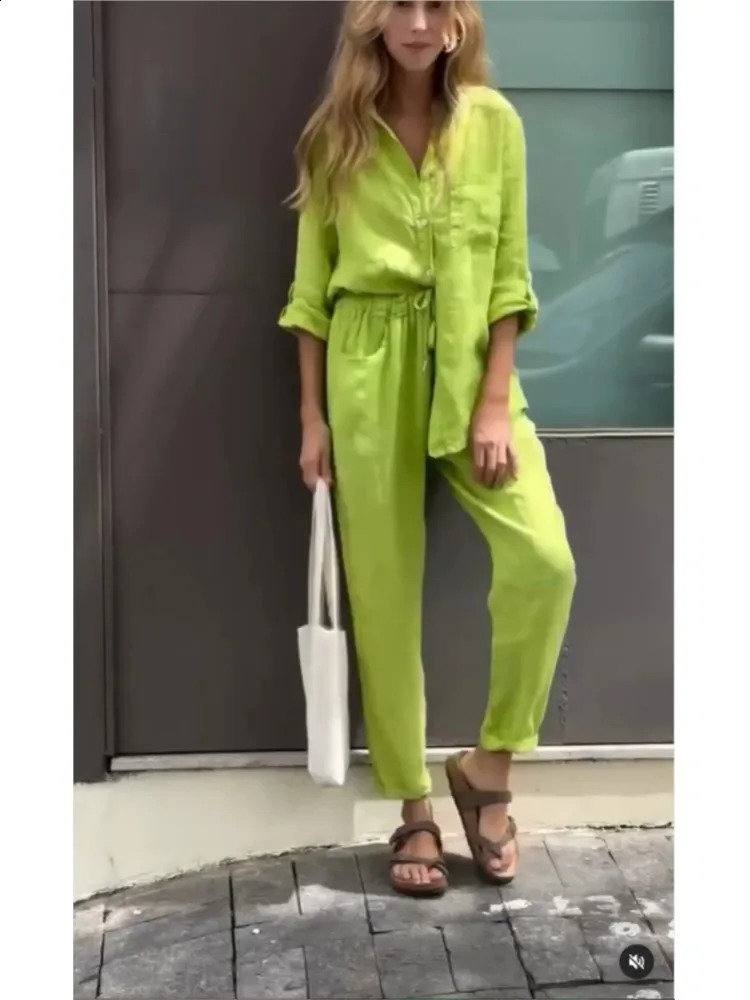 Womens Cotton Linen Solid Color Two-piece Sets 2024 Spring Autumn Fashion V Neck Top Elastic Waist Loose Wide Leg Pants Set 250107