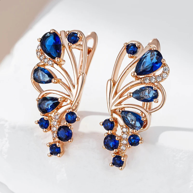 Wbmqda Blue Crystal Flower Drop Earrings for Women 585 Rose Gold Colorful Ethnic Wedding Party Exquisite Zircon Jewelry 250110