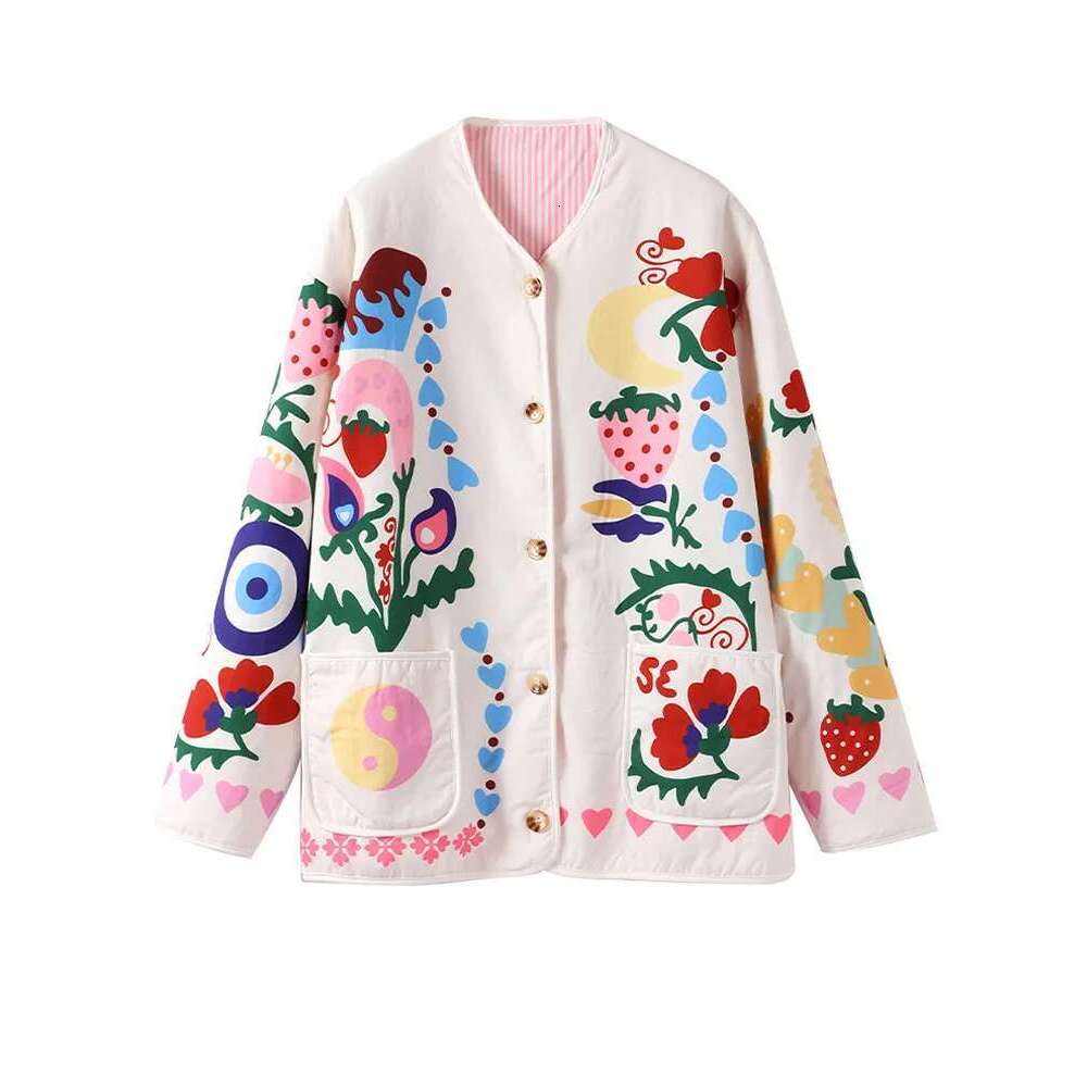 Women's Wear Printed Women's Jacket Autumn Long Sleeve Single Breasted Female Coats Street Fashion Loose O Neck Contrast Lady Outwears
