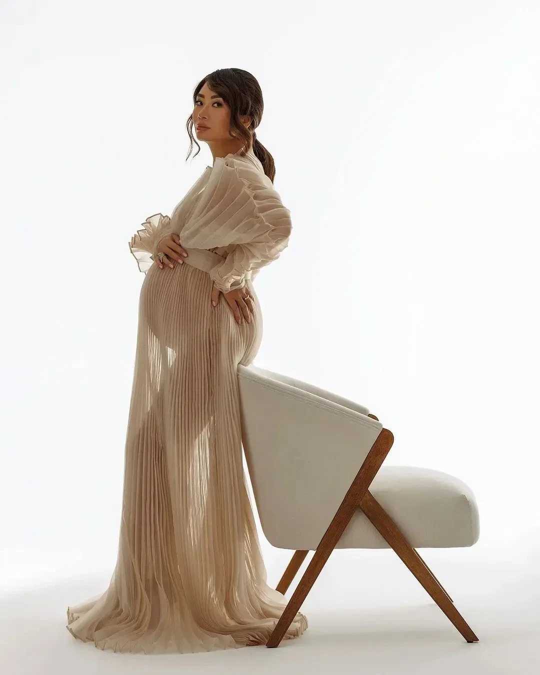 Fashion Sheers new pleated organic maternity gown for Photosoot pregnant women and baby shower gown YEWEN W250113