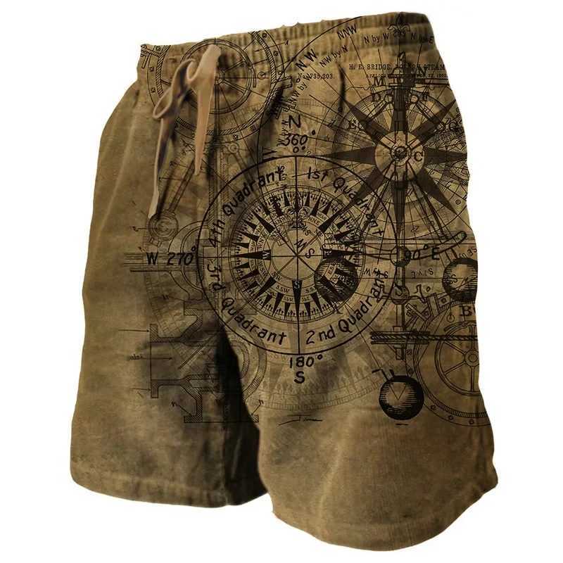 Mens Retro Beach Shorts Classic Compass 3D Printed Street Hip Hop Mens Retro Beach Shorts Breathable Daily Holiday Ice ShortsXJ250407
