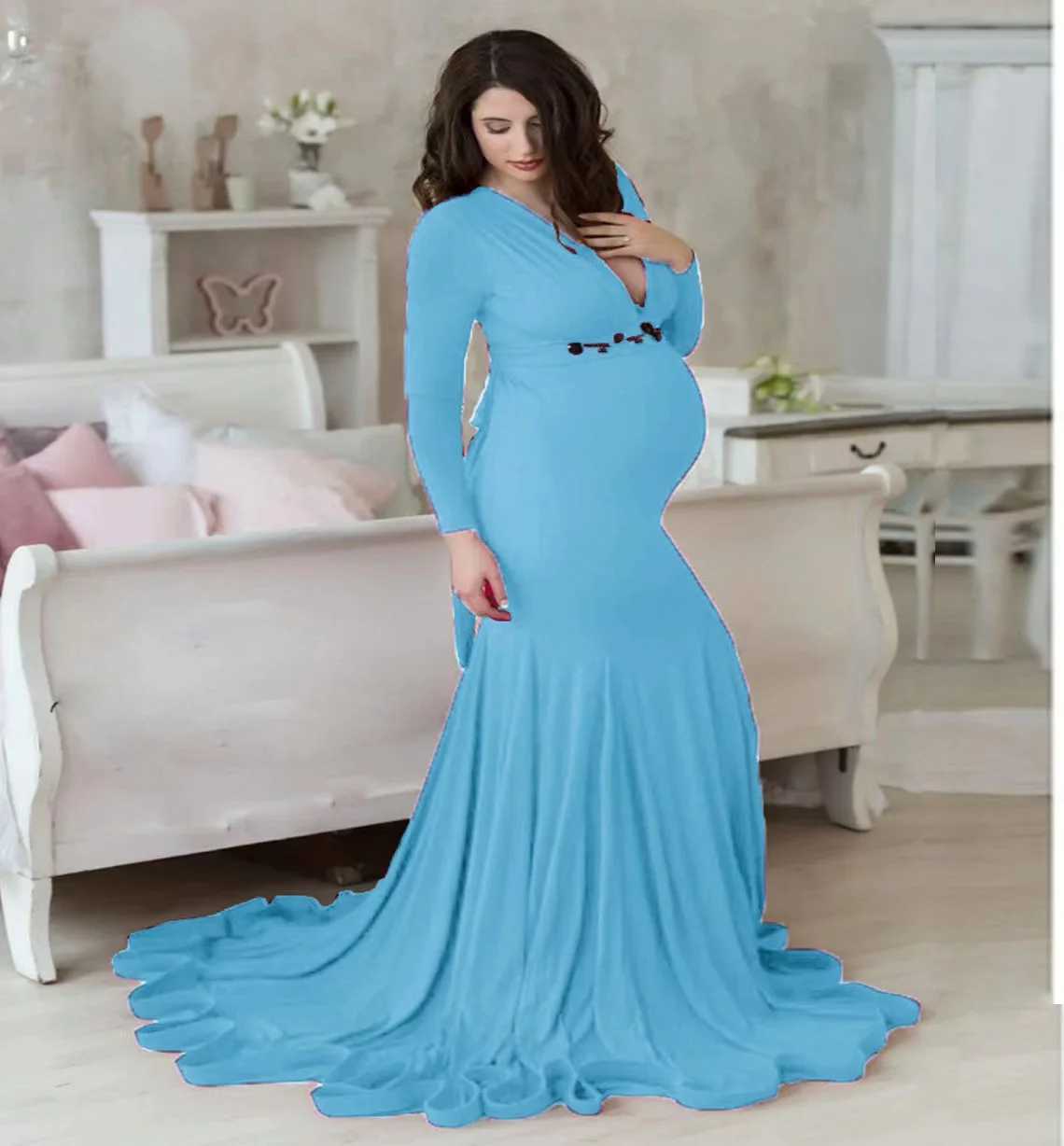 2024 Cotton Pregnant Womens Wedding Photography Sexy V-neck Pregnant Womens Fancy Dress Photography Props Maxi Dress W250113