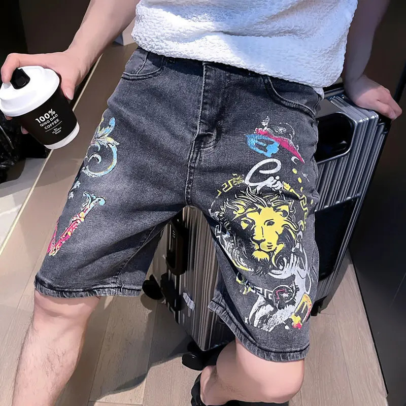 2024 Summer Mens Clothing Denim Shorts Striped Pants Leisure Time Easy Button Mid Waist Zipper Fashion Trend Allmatch 250103