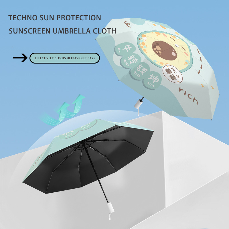 Lightweight Manual Black Vinyl Sunshade Umbrella Featuring Adorable Fruit Patterns - Durable Two-in-One Foldable Student Accessory