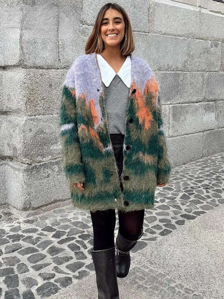 ZBZA Knitted Printed Cardigan Loose Colorful V-Neck Vintage Landscape Pattern Single Breasted Sweater Autumn Female Chic Outwear