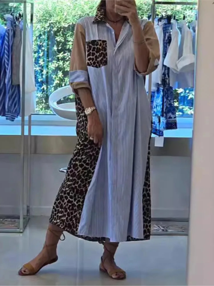 Fashion striped patchwork work leopard print shirt womens elegant lapel button long dress long sleeved loose party dress 250113