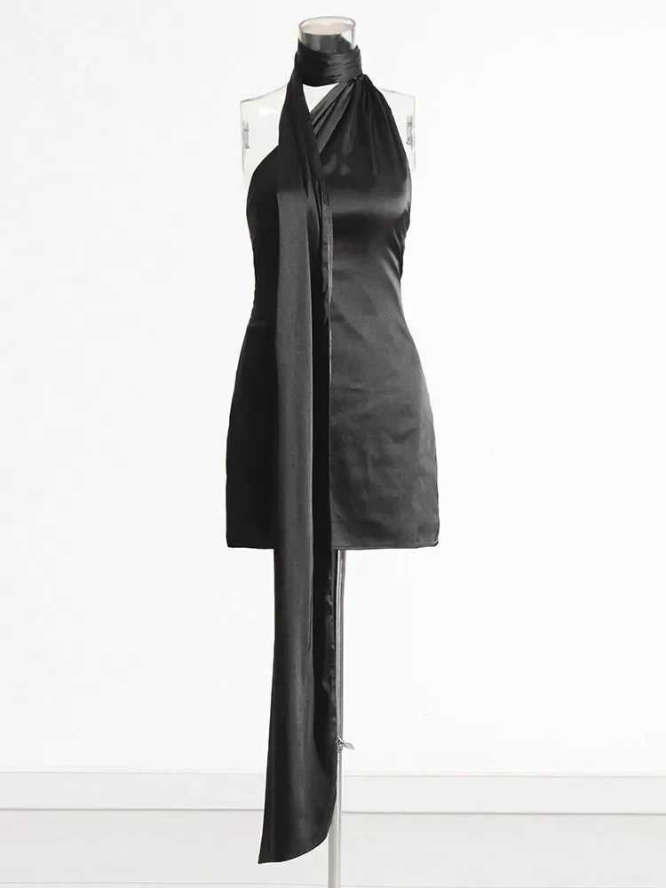 Patchwork womens formal dress strapless high waisted backless satin mini dress womens chiffon W250113