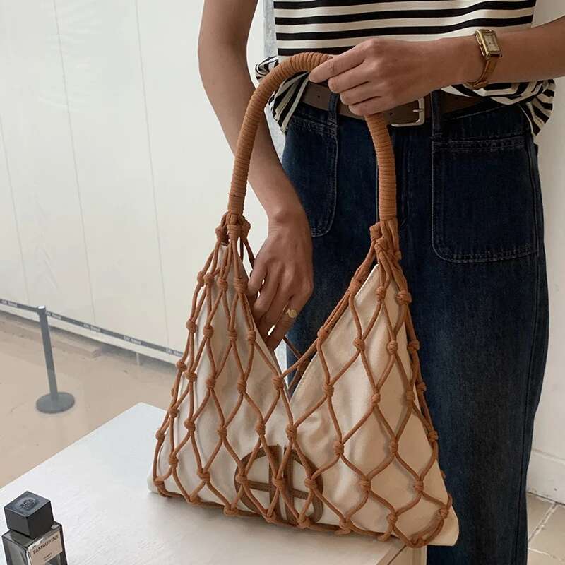 Hollow Out Slim Beach Bags For Women Designer Handbags Purses New In Nylon Rope Braided Canvas Inner Pocket Shoulder