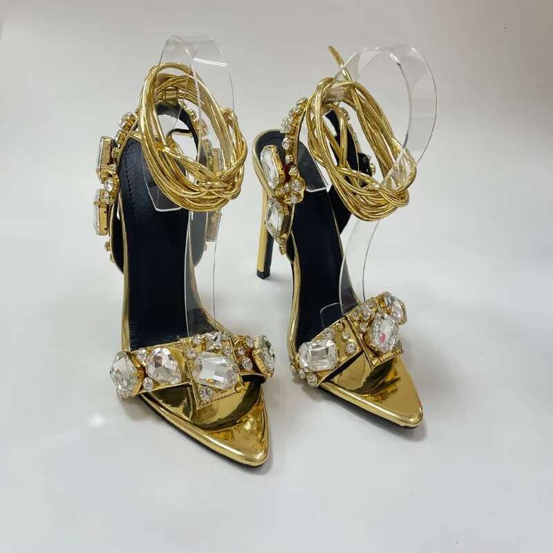 Sexy Thin High Heels Ankle Strap Sandals Womens Pointed Crystal Dia Party/club Wedding Party Shoe Sandalias Mujer