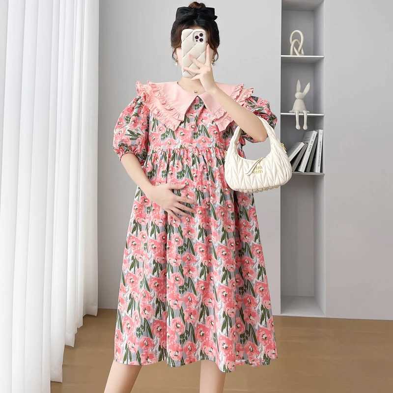 Korean style double-layer Peter Pan collar puff sleeves plus size pregnant floral dress knee length pregnant dress loose fit W250113
