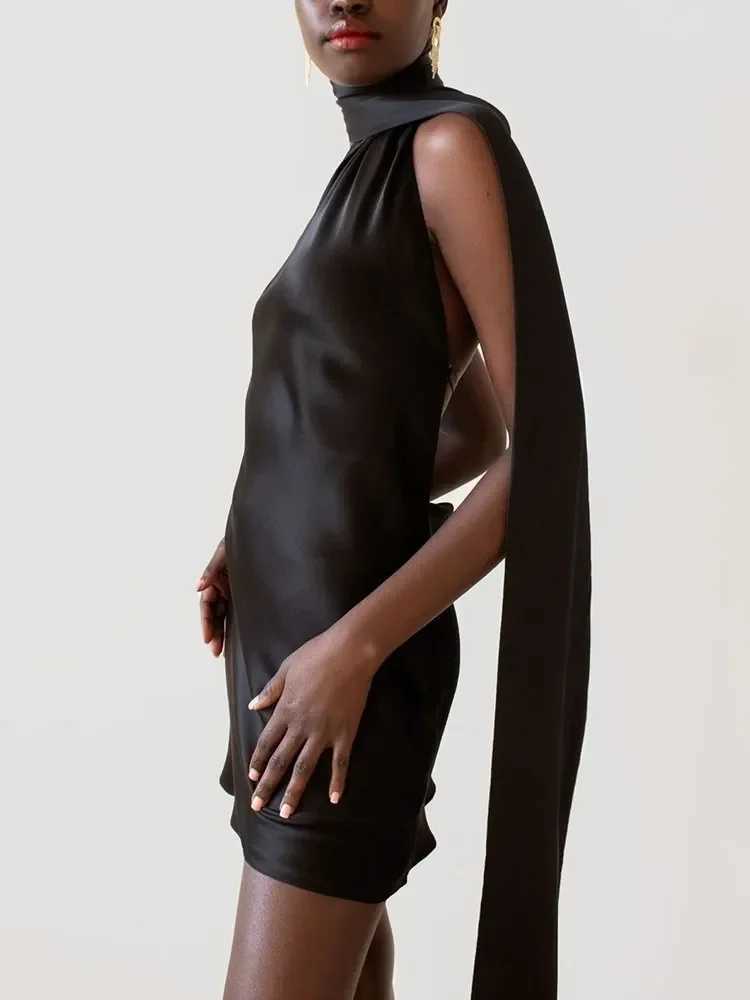 Patchwork womens formal dress strapless high waisted backless satin mini dress womens chiffon W250113