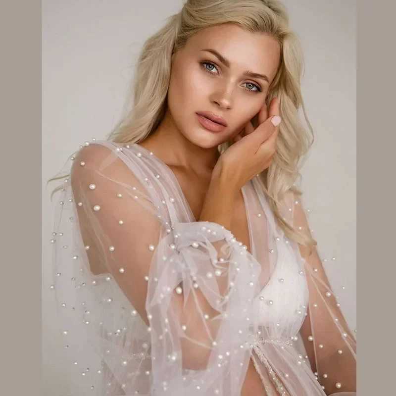 White maternity photography dress beaded long sleeved sheer Maxi sexy See Through long dress maternity outfit photo shoot W250113