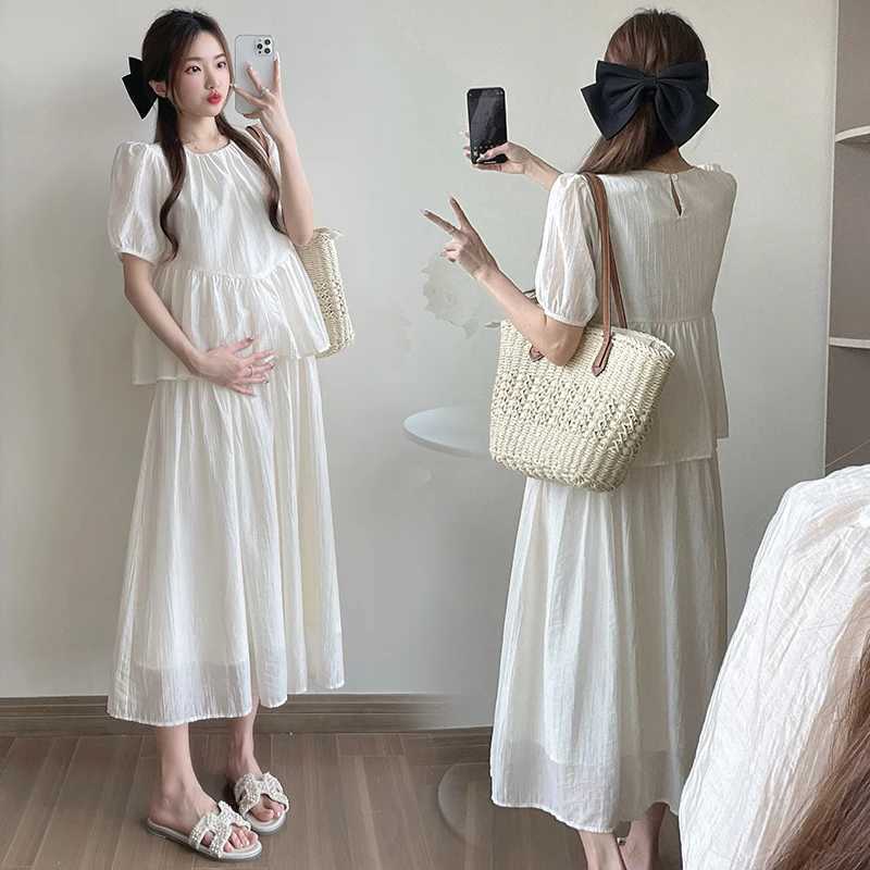 Korean Chiffon Loose Summer Pregnant Dress with Puff Sleeves O-Neck Ruffle Edge Work Patch Womens Artificial Two Piece Dress W250113