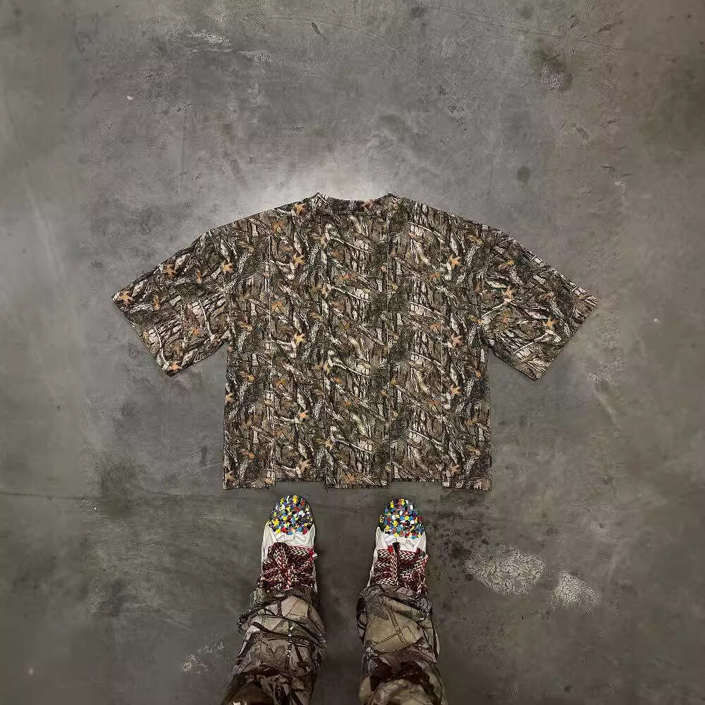 American style summer letter camouflage digital print pattern pullover loose and breathable top