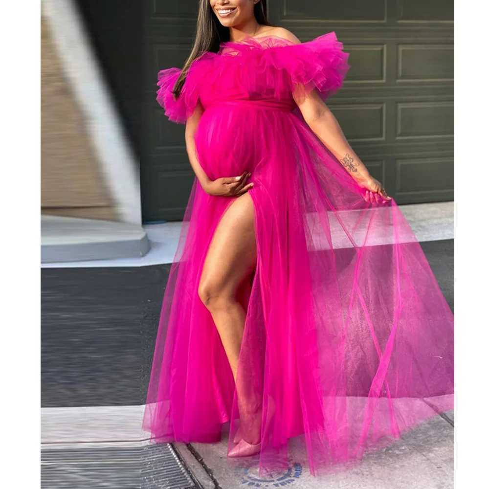 Hot pink shoulder pleated long gown maternity side split pleated hem bridal shower gown W250113