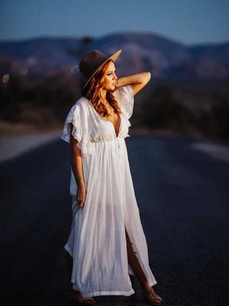 Bohemian maternity photography prop dress button decoration pregnancy photo shoot Bohemian baby shower long dress front seam W250113