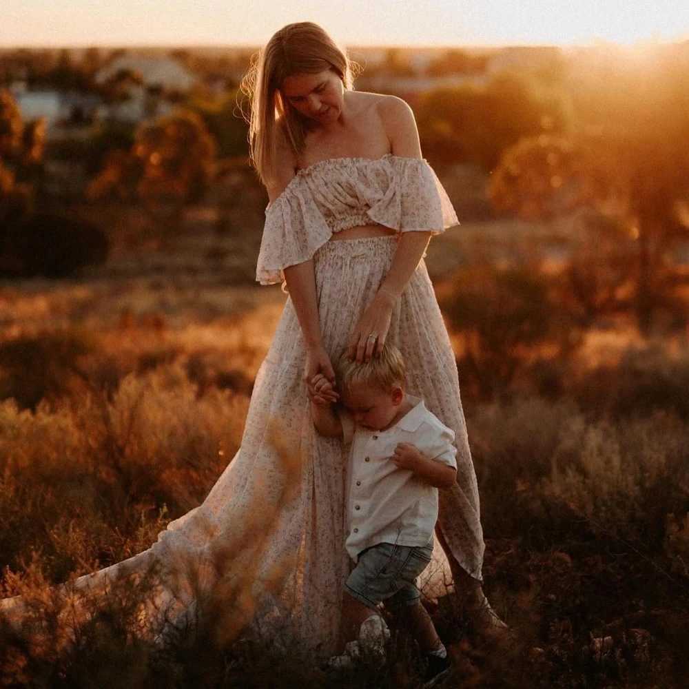 Bohemian Pregnant Dress Elegant Flower Chiffon Two Piece Set for Women Pregnant Photoshoot Baby Shower Set W250113