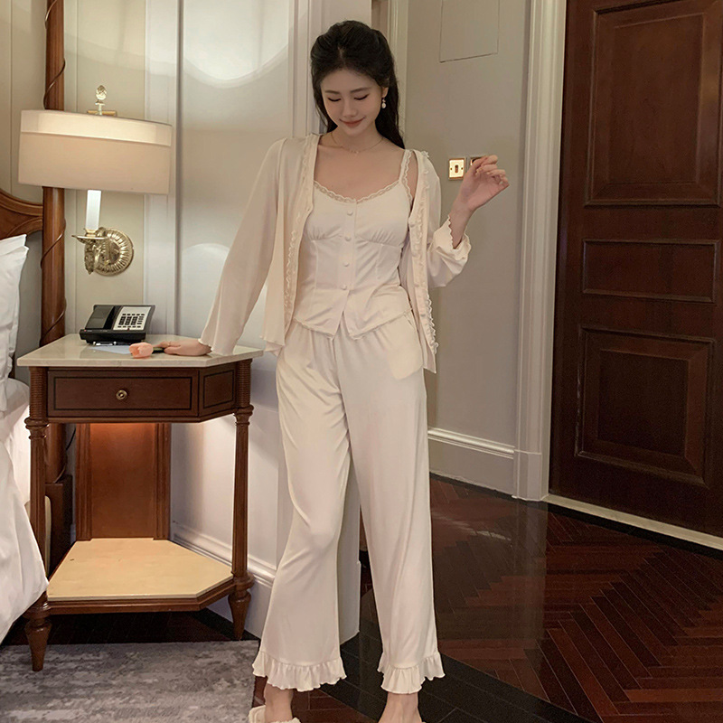 B654-Pajamas set suspenders women spring and autumn style knitted cotton sweet high-end outer wear trousers pajamas three-piece home clothes