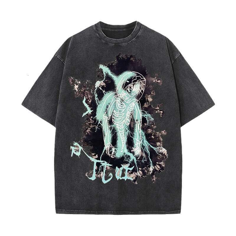 230g distressed washed T-shirt with American street print round neck trendy cotton off shoulder short sleeved shirt