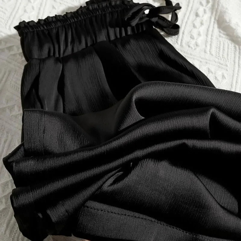 High Quality Wide Leg Pants Women Vintage Drawstring Waist Satin Silk Woman Casual Loose Straight Trousers 250106