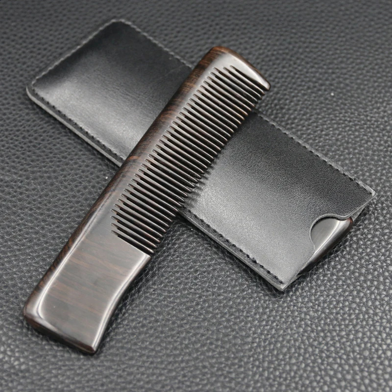 Natural African Ebony Beard Moustache Pocket Comb- Black Sandalwood Portable Travel Beard Combs with Leather Case 250107