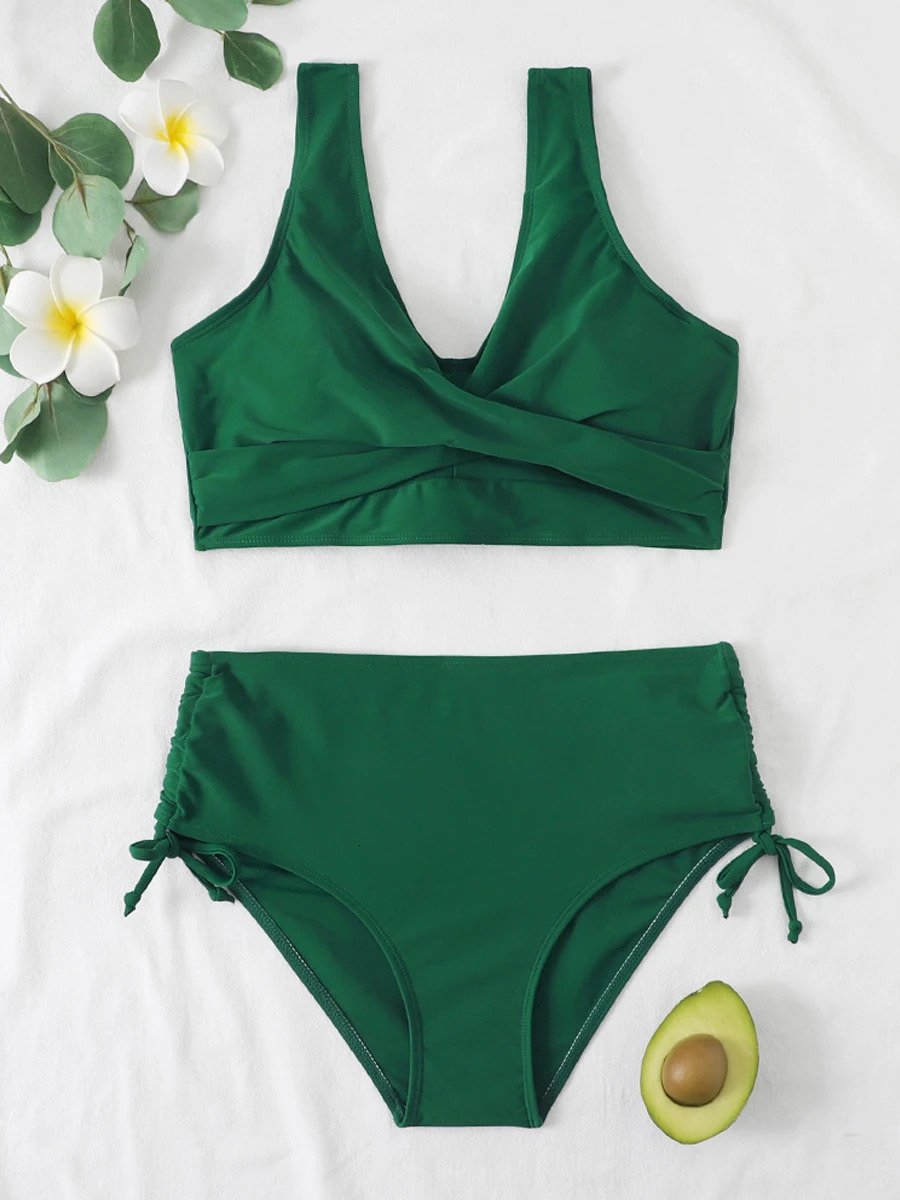 Drawstring High Waist Bikini Women Solid Swimwear Female Cross Front Swimsuit Padded Beachwear Bather Bathing Swimming Suit 250113
