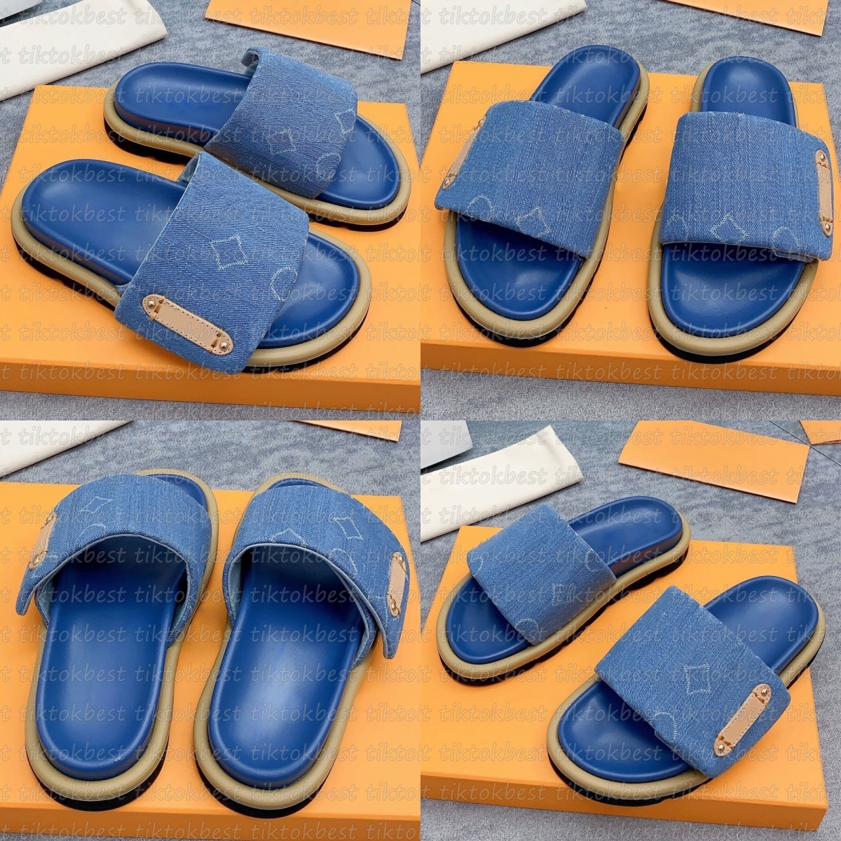 Designer Slides Slippers Pool Pillow Men Sandals Women Platform Slipper Classic Brand Summer Beach Scuffs Flat Comfort Mule Denim Embossed Soft Sandal Eur35-45