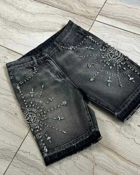 Streetwear Shorts Y2K Jeans Men Hip Hop Gothic Rhinestone Sequin Retro Black Baggy Denim Fitness Shorts High Waist Casual ShortsXJ250114