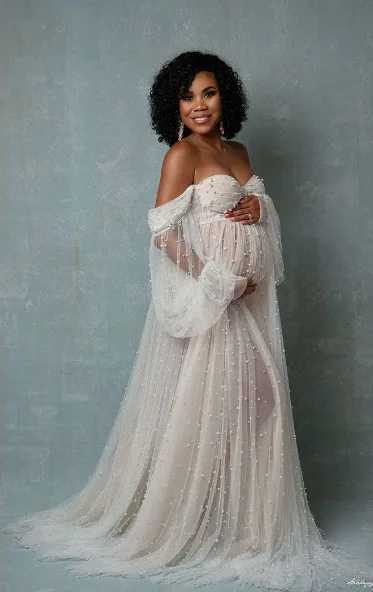 2024 New Maternity Photography Props Dress Density Pearl White Yarn Maternity Photography Clothing Baby Products Before Taking Photos W250113