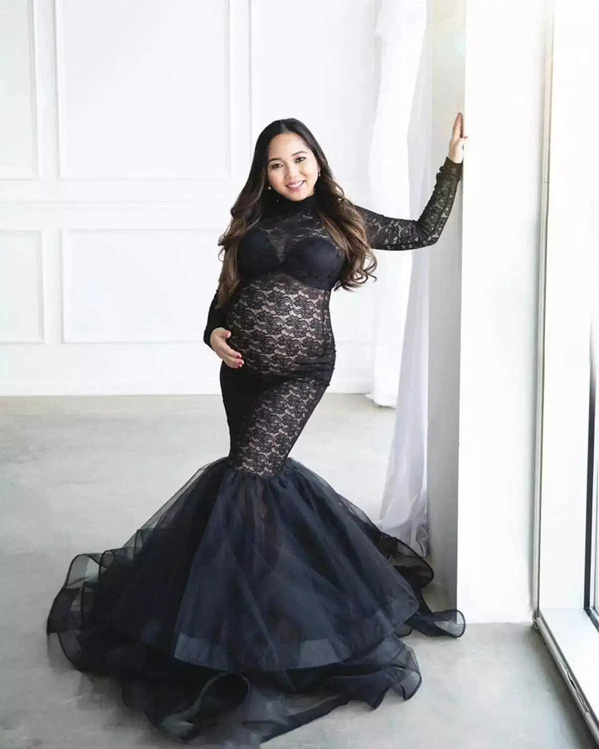 Maxi Pregnant Dress Photo Shooting Pregnant Long Sleeve Black Lace Turtle Neck Photo Dress Pregnant Dress W250113