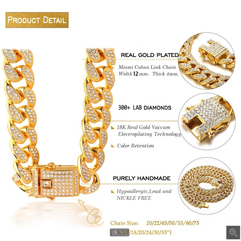 Luxury Gold Dog Chain Collar Cuban Chain Link Choke Collar for Small Medium Large Dogs, Pet Necklace Jewelry Crystal Accessories