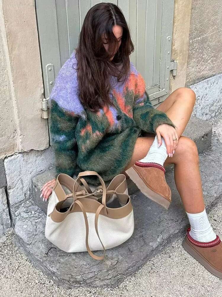 ZBZA Knitted Printed Cardigan Loose Colorful V-Neck Vintage Landscape Pattern Single Breasted Sweater Autumn Female Chic Outwear
