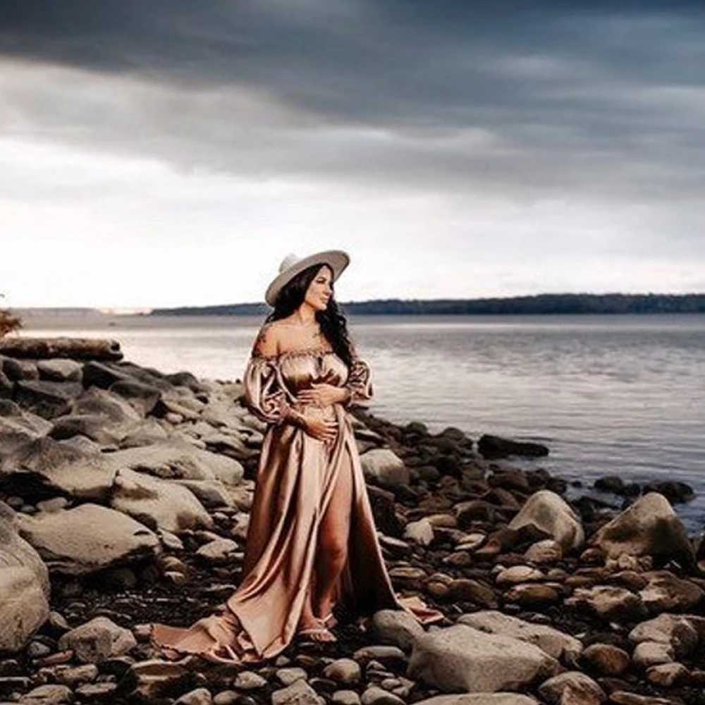Womens elegant satin chiffon bohemian loose maternity dress photo shoot bohemian maternity dress W250113