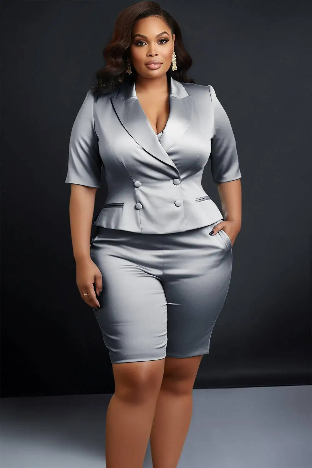 Large semi formal light blue lapel short sleeved satin twopiece set y250122