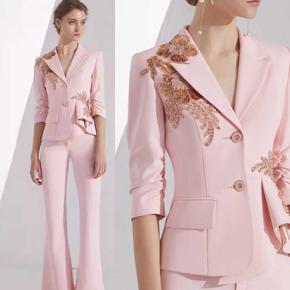Customized Pink Spring Women Pants Sets Designer Beads Appliques Ladies Prom Birthday Party Formal Wear Outfit Jacket 2 Pieces