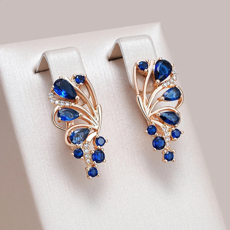 Wbmqda Blue Crystal Flower Drop Earrings for Women 585 Rose Gold Colorful Ethnic Wedding Party Exquisite Zircon Jewelry 250110