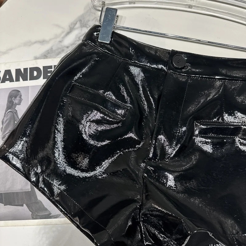 PREPOMP 2023 Summer Collection High Waist Black Pu Faux Leather Slim Short GH644 250107