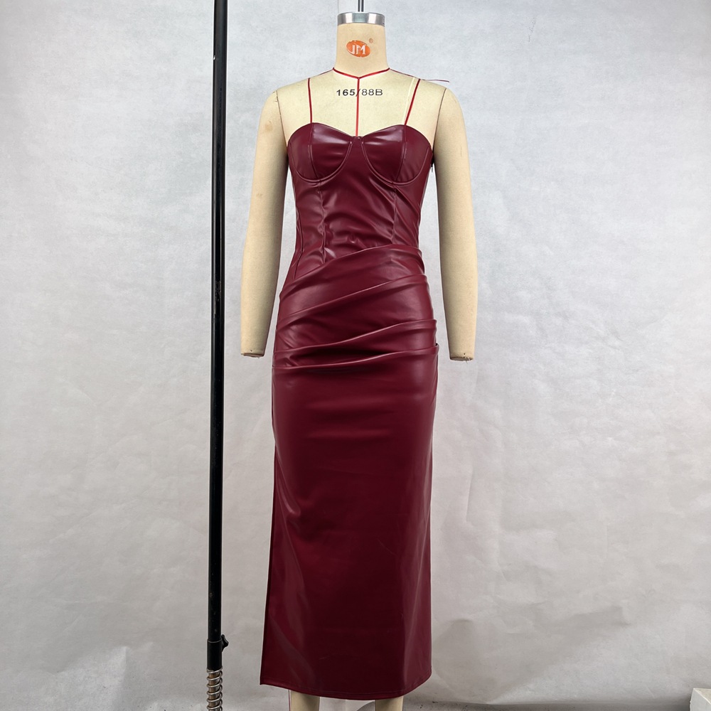 Casual Dresses Temperament PU leather spicy girl strapless strap pleated slit dress
