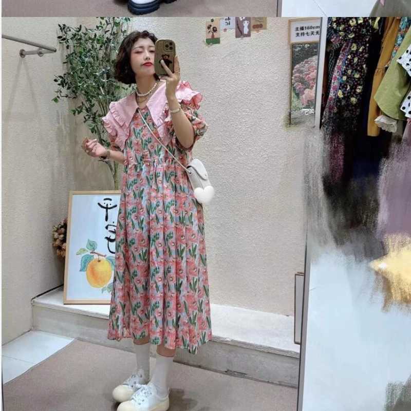 Korean style double-layer Peter Pan collar puff sleeves plus size pregnant floral dress knee length pregnant dress loose fit W250113