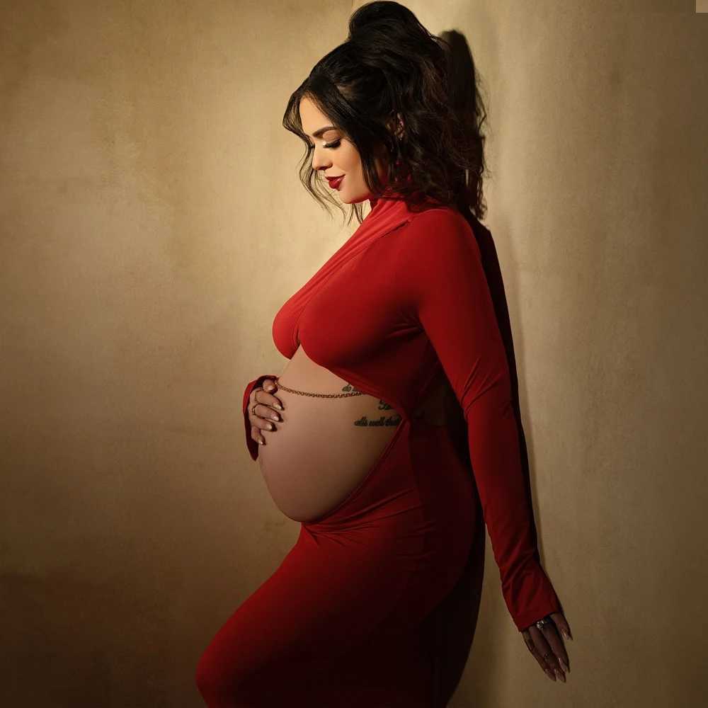 Sexy and elegant maternity photography dress exposing pregnant abdomen dress photo shoot pregnant red floor mop dress W250113