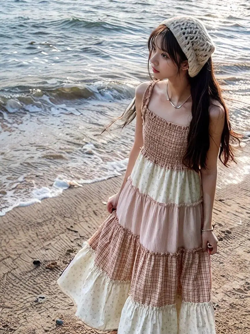 Sweet Fragmented Flower Splicing Sling Dress Holiday Style Dress Set Womens Hollow Short Open Woolen Sweater Two Piece Set Womens Dress 250109