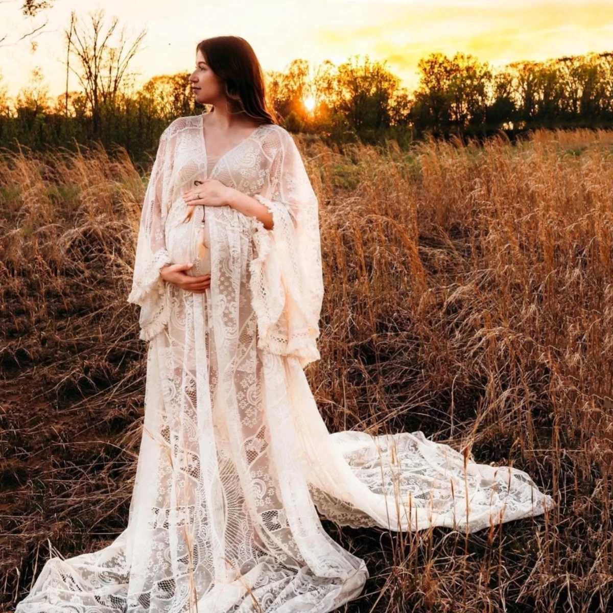 Bohemian pregnant woman dress beige lace long train Bohemian pregnant woman photo shoot dress W250113