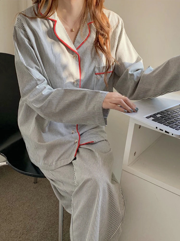 Korean Fashion Striped Leisure Wear Pajama 2 Piece Set Women Nightgown Cosplay Sexy 2024 Autumn Winter Sets 250106