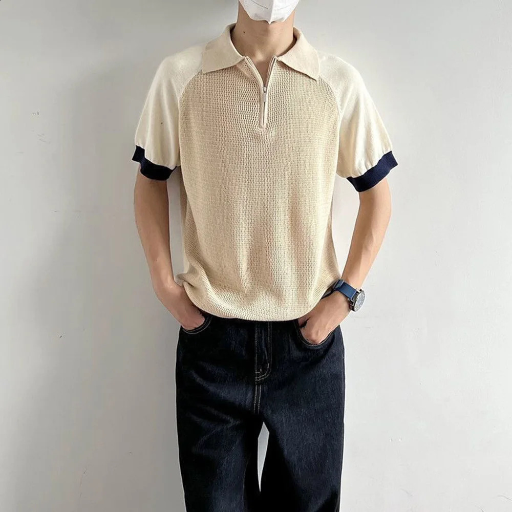 Polo shirt retro Y2k contrasting color patchwork T-shirt youth energy trend knitted breathable daily slim fit short sleeved top for summer 250109