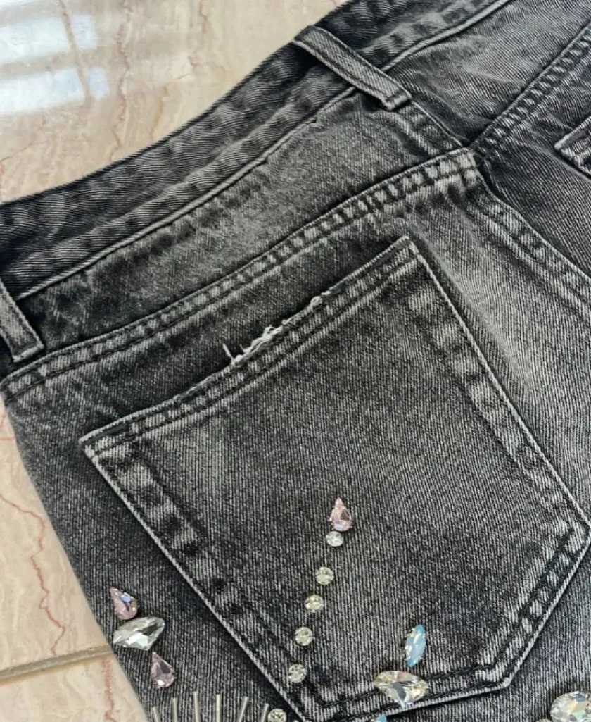 American retro new style diamond-encrusted black denim shorts slim fit wide-footed y2k denim shorts sports shorts streetwearXJ250114