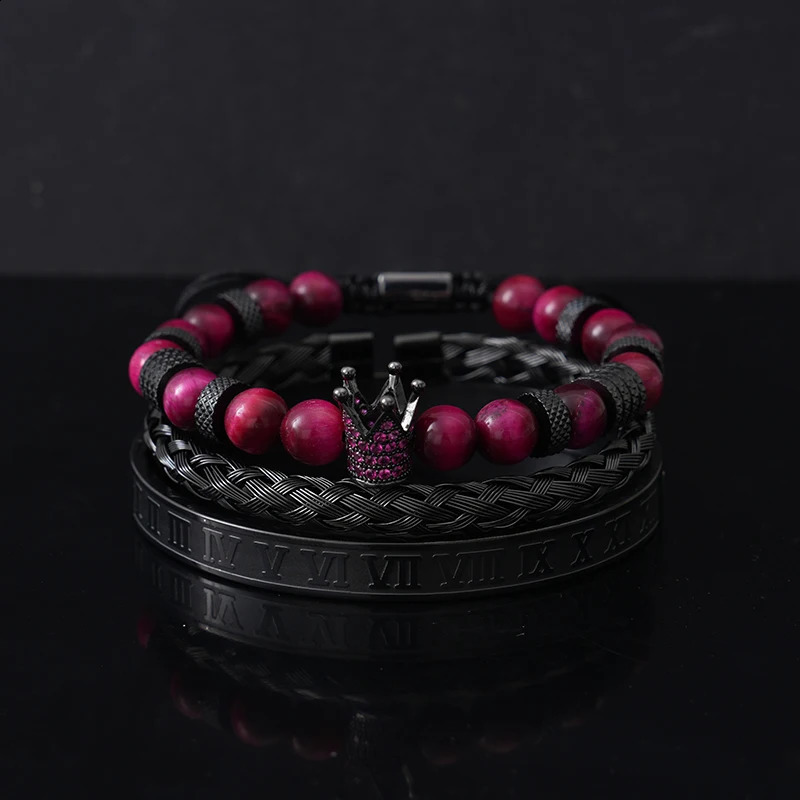 Set Tiger Stone Bead Crown Talisman Mens Bracelet Black Roman Stainless Steel Bracelet Womens Jewelry Halloween Gift 250109