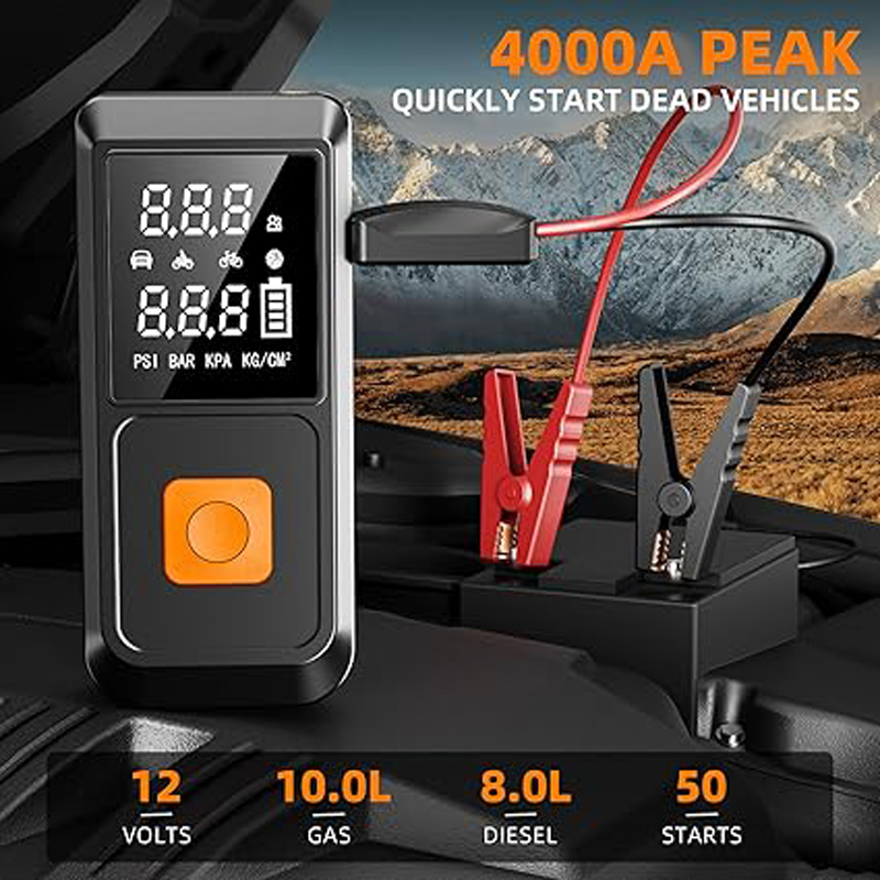 Portable car battery jump starter, 4000A 12V with air compressor and 150PSI tire inflator, car battery pack jump box tire pump with LCD display screen