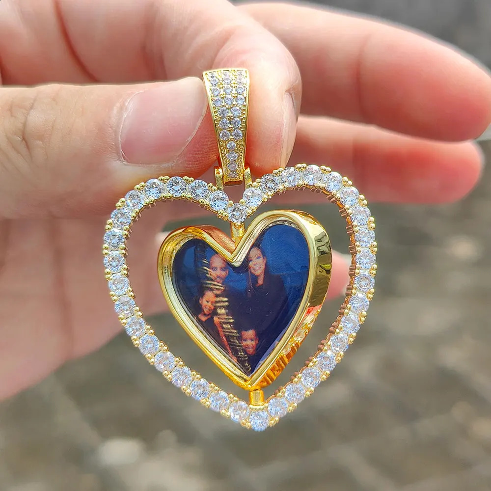 Two-Sided Heart Picture Pendant Necklace Jewelry For Men Hip Hop Custom Iced Out Po Spinning Pendant Women Drop 250107