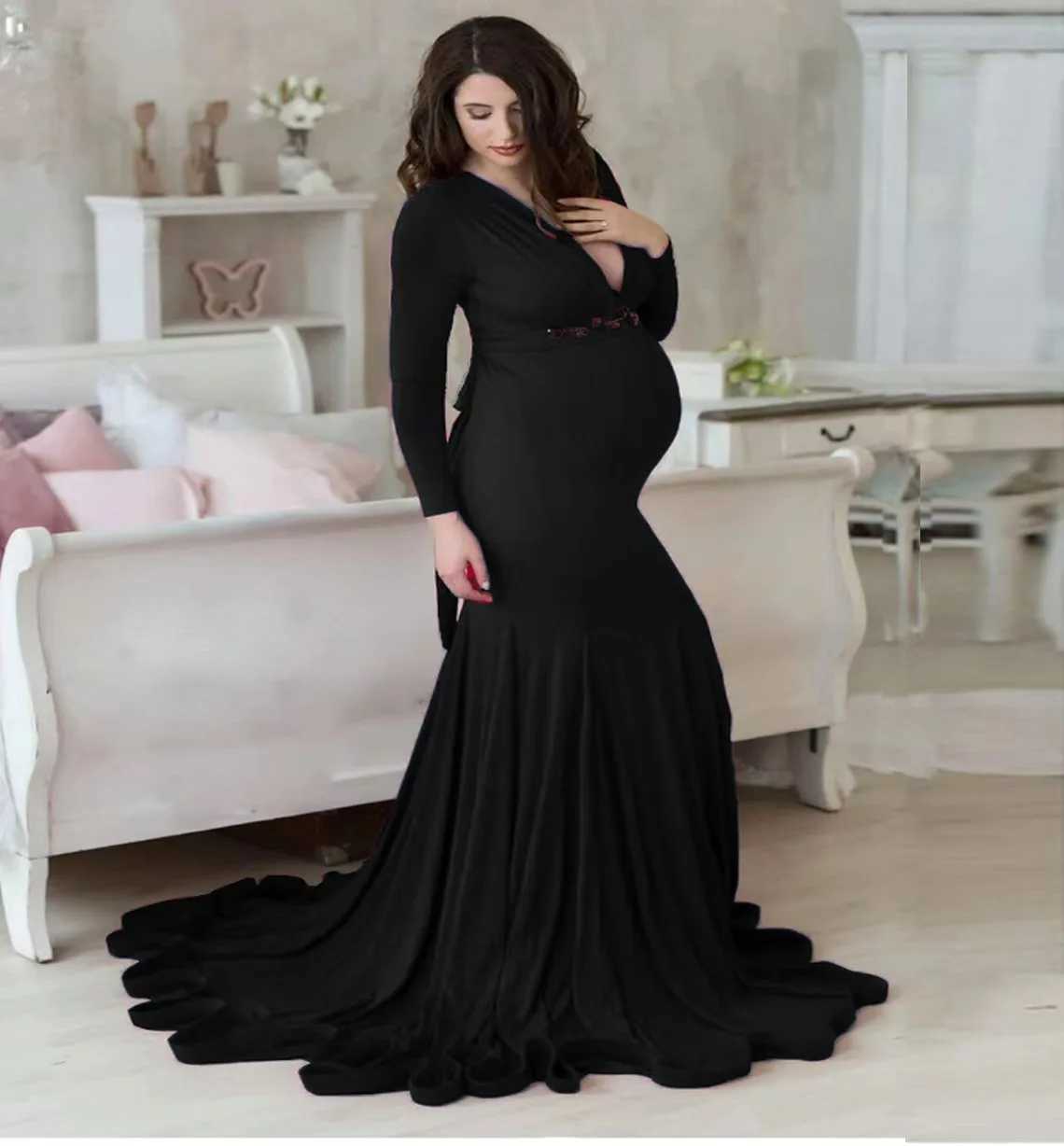 2024 Cotton Pregnant Womens Wedding Photography Sexy V-neck Pregnant Womens Fancy Dress Photography Props Maxi Dress W250113