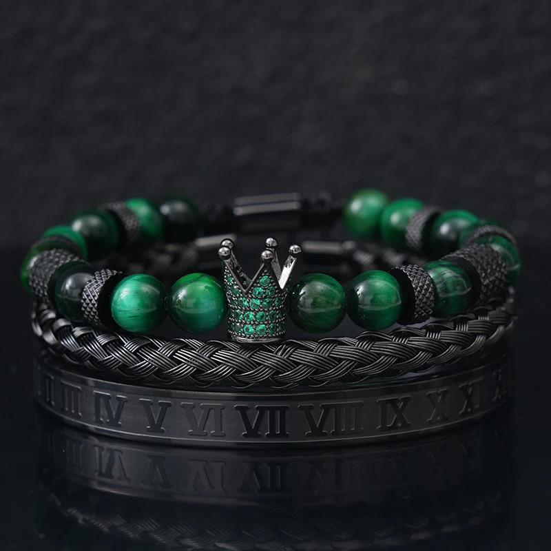 Set Tiger Stone Bead Crown Talisman Mens Bracelet Black Roman Stainless Steel Bracelet Womens Jewelry Halloween Gift 250109